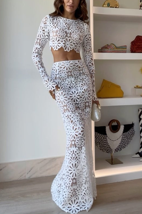 Crochet Lace Cover-up Crop Top and Maxi Skirt Vacation Set