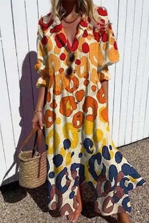 Ruched Button Down Balloon Sleeves Printed Maxi Dress Orange