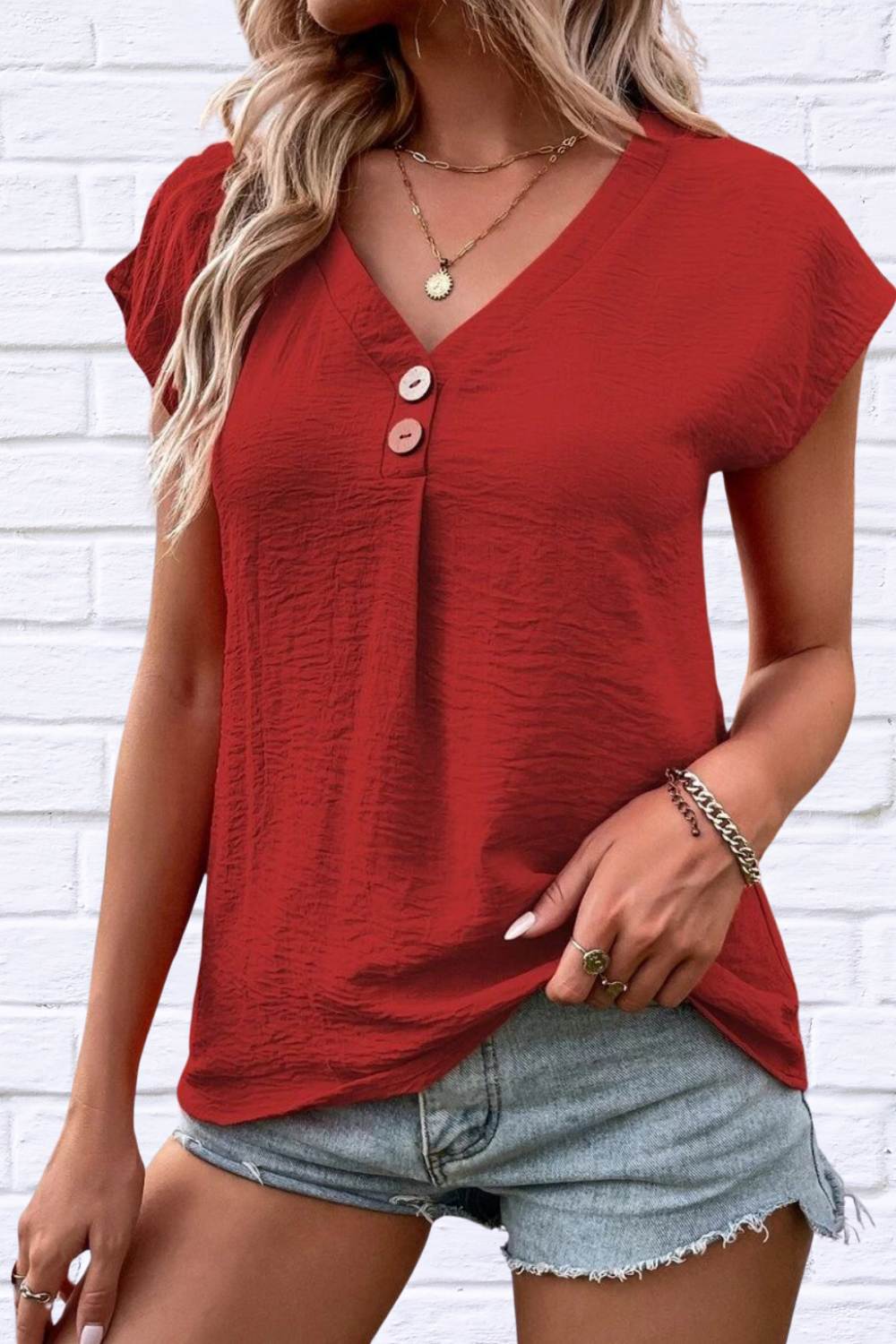 Decorative AirFlow  Button V-Neck Short Sleeve Blouse