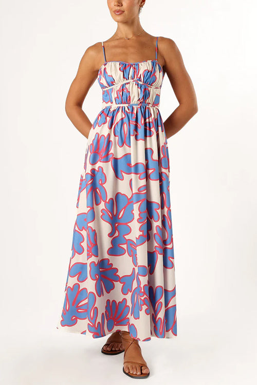 Spaghetti Strap High Waist Printed Maxi Holiday Dress Pink