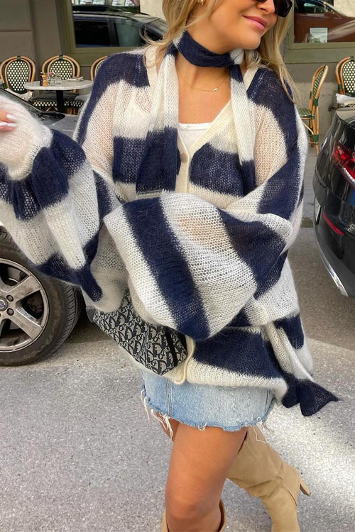 Lantern Sleeves Button Down Color Block Stripes Sweater with Scarf