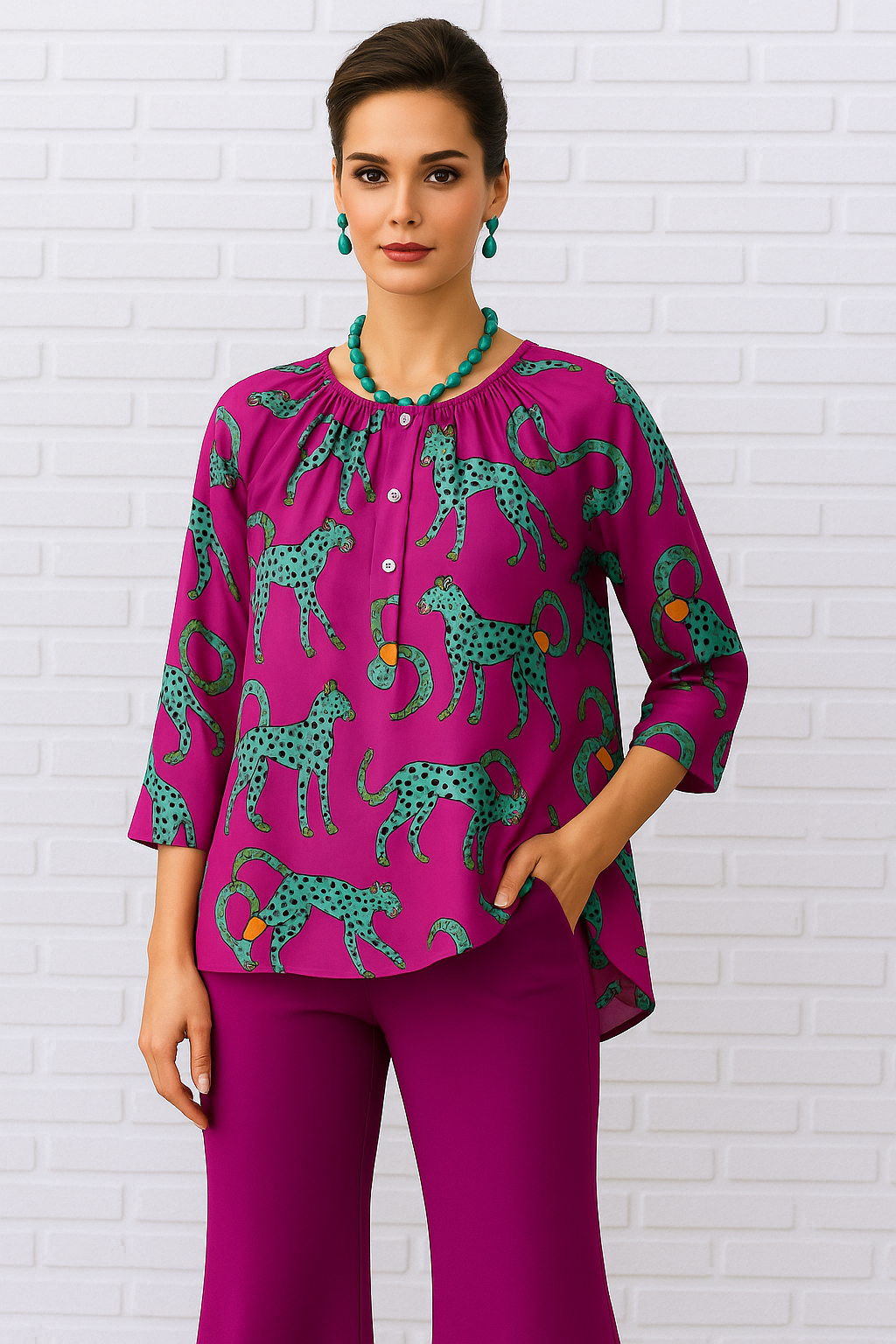 Diva USA Round Neck Button Up Three Quarter Sleeve Knit Top