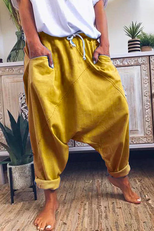Solid Drawstring Waist Hippie Harem Pants Yellow