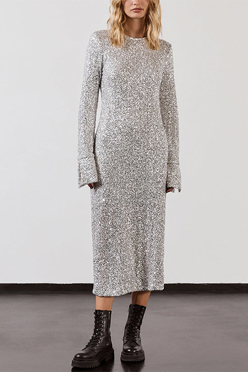 Long Sleeves Back Cut Out Sequin Midi Dress