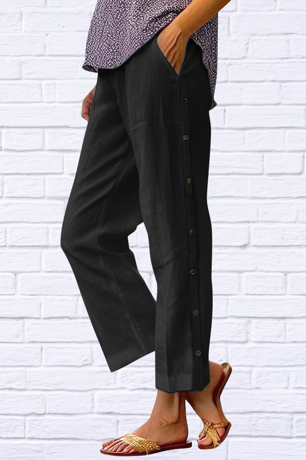 Full Size Side Decor Button Casual Wide Leg Pants Plus Size