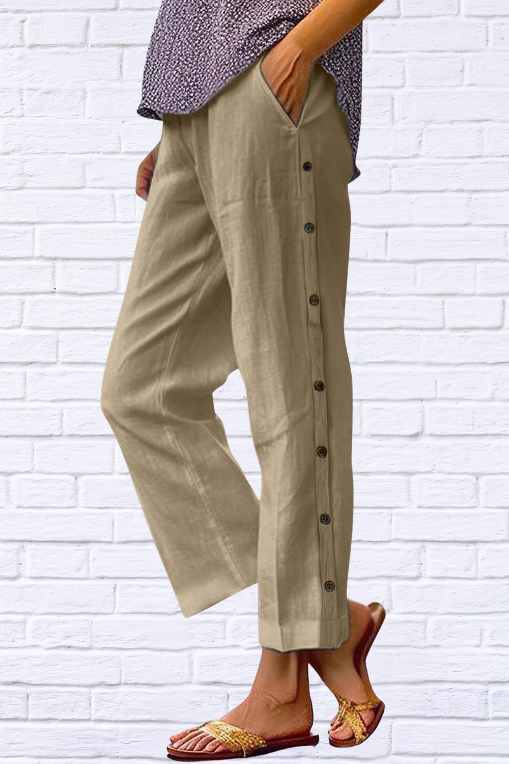 Full Size Side Decor Button Casual Wide Leg Pants Plus Size