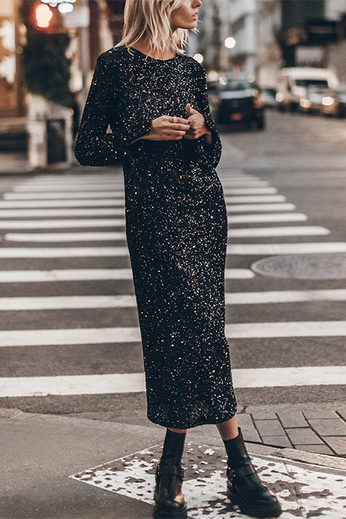 Long Sleeves Back Cut Out Sequin Midi Dress