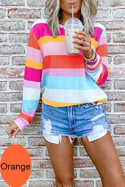 Long Sleeve Candy Striped Pullover Top Orange