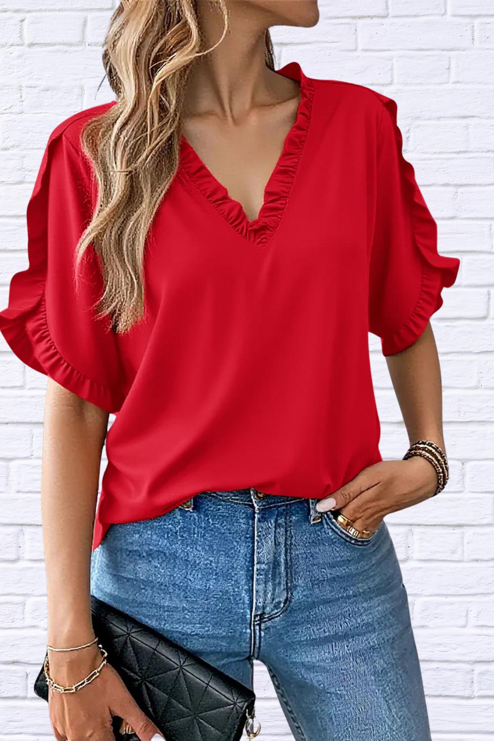 Ruffled V-Neck Short Sleeve Blouse