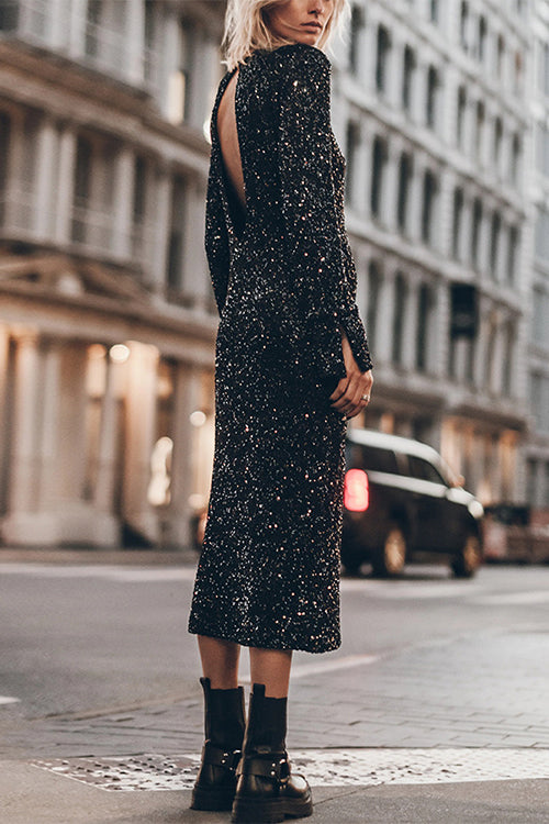 Long Sleeves Back Cut Out Sequin Midi Dress