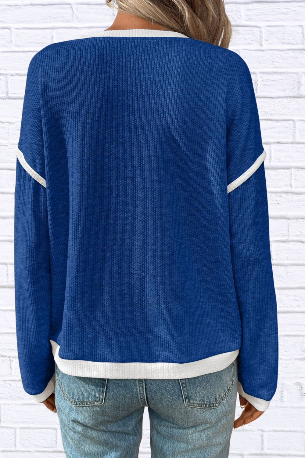 Ribbed Contrast Trim Long Sleeve Top