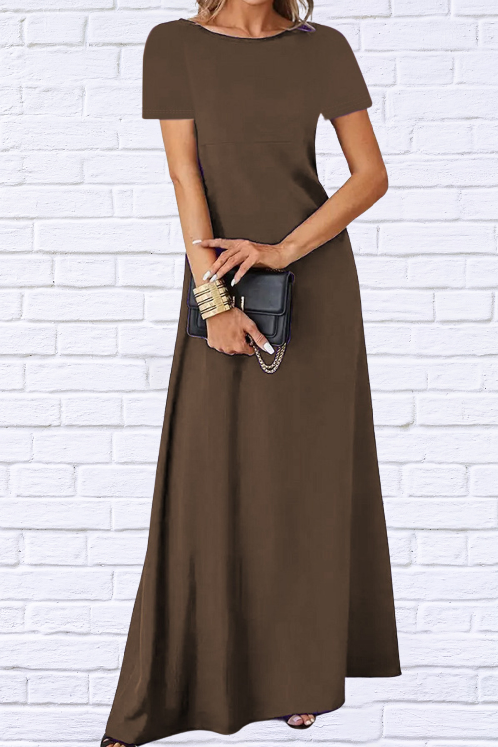 Full Size Round Neck Short Sleeve A-Line Maxi Dress Plus Size