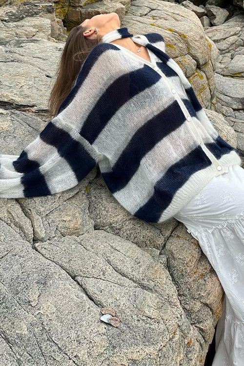 Lantern Sleeves Button Down Color Block Stripes Sweater with Scarf