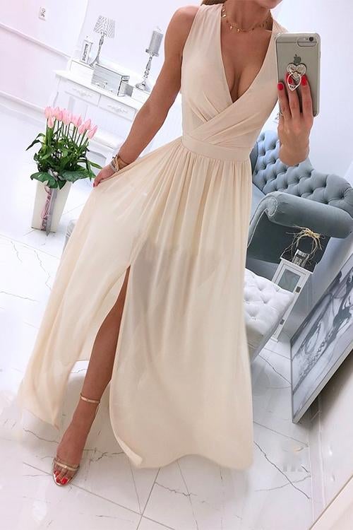 Deep V Neck Slit Ruched Sleeveless Party Dress Khaki