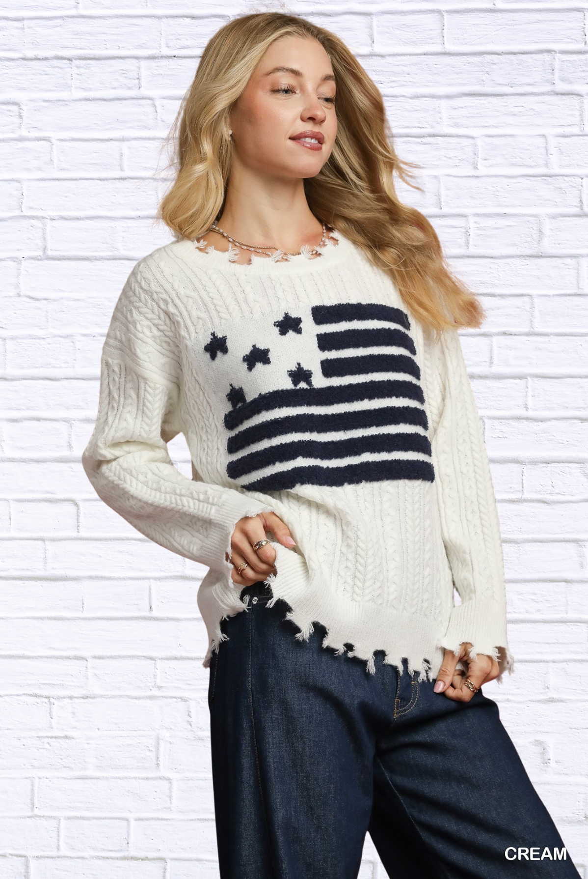 Umgee Distressed American Flag Sweater