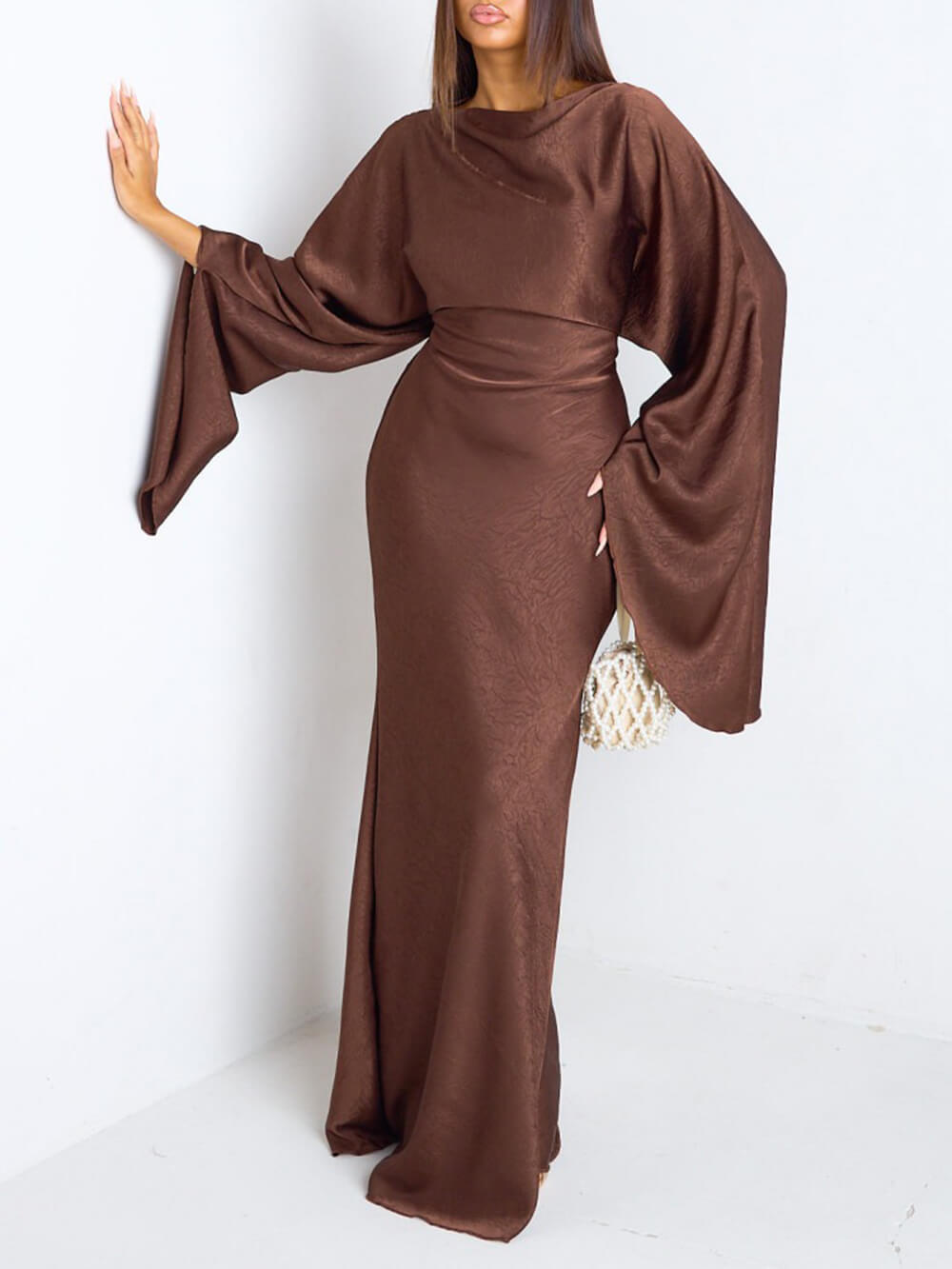 Elegant Ruched Satin Lantern-Sleeve Maxi Dress