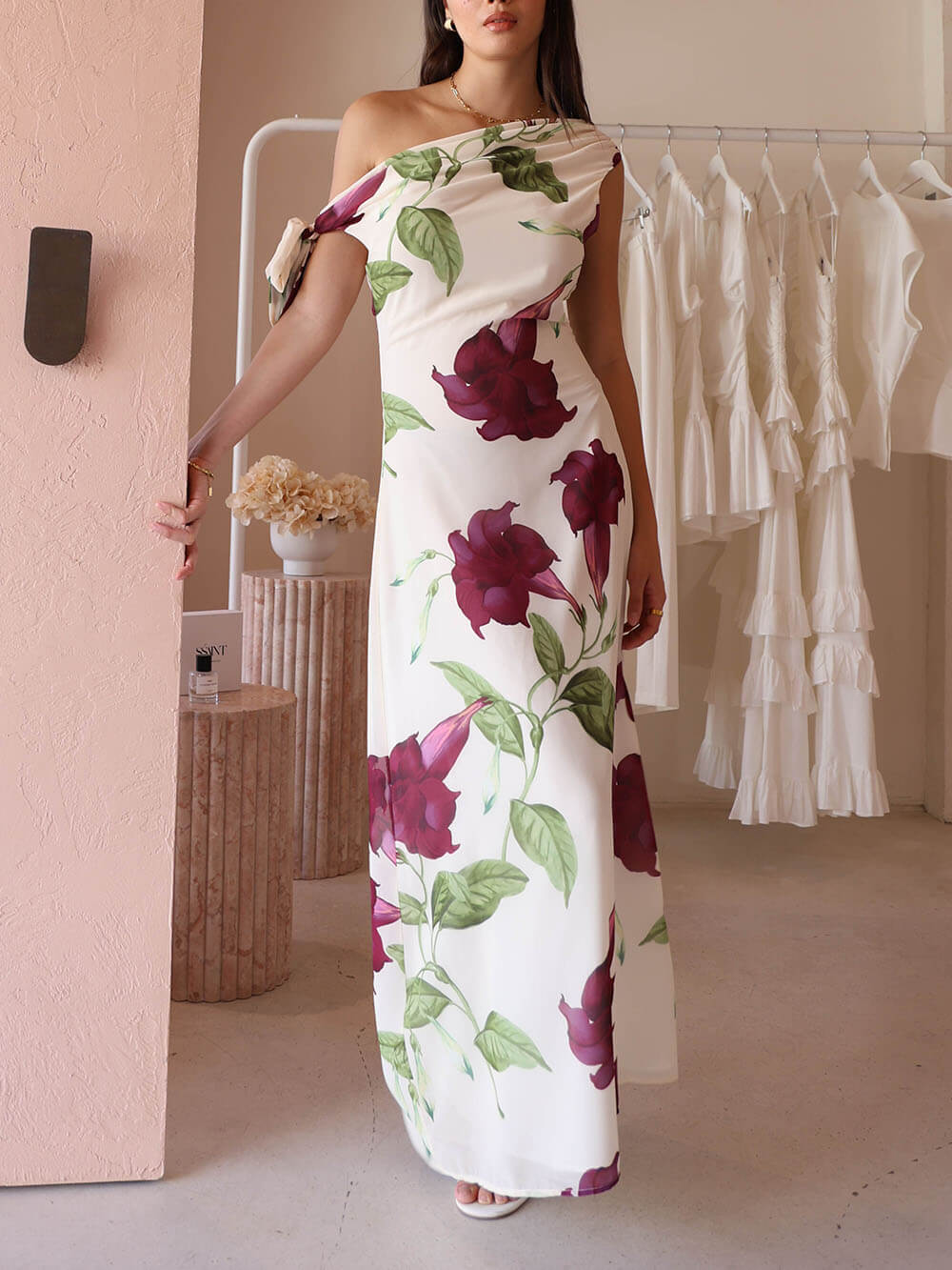 Elegant Floral Print One-Shoulder Tie Maxi Dress