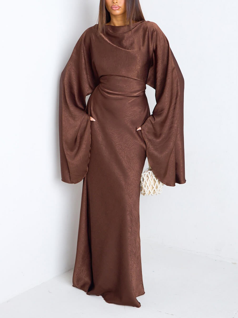 Elegant Ruched Satin Lantern-Sleeve Maxi Dress