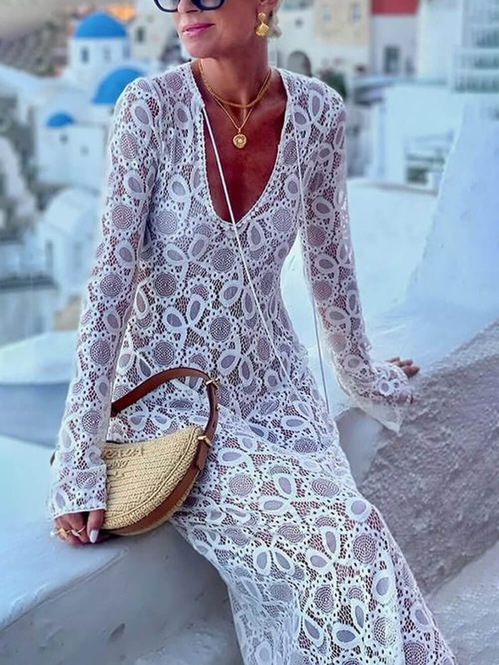Summer Casual Lace Hook Flower Slit See-Through Holiday Lace Maxi Dress
