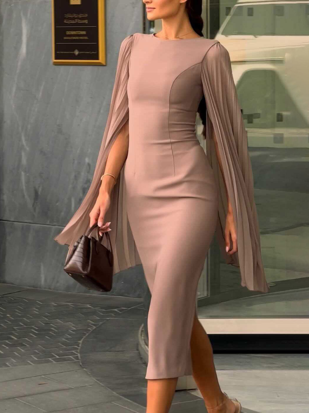 Elegant Pleated Cape Sleeve Midi Dress