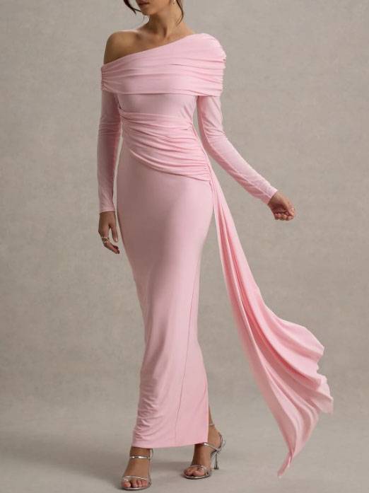 Slant Shoulder Ribbon Design Maxi Dress