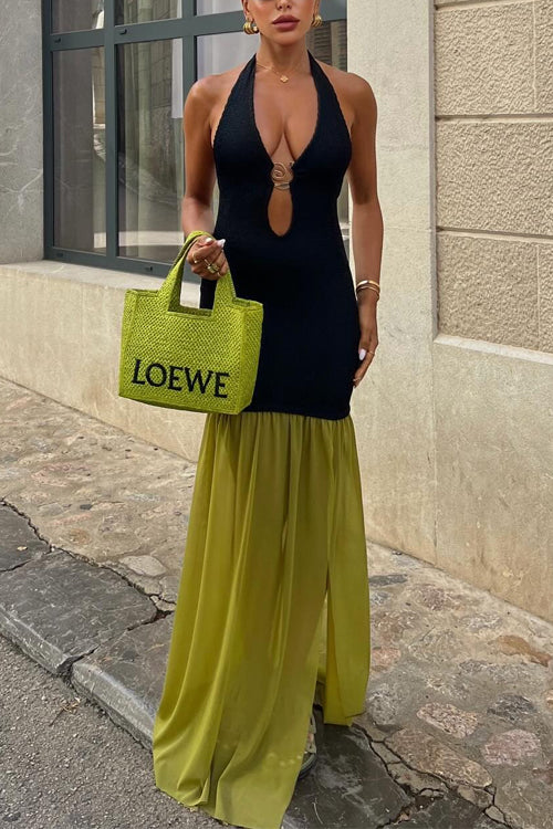 Halter Open Back Cut Out Slit Ruffle Maxi Dress