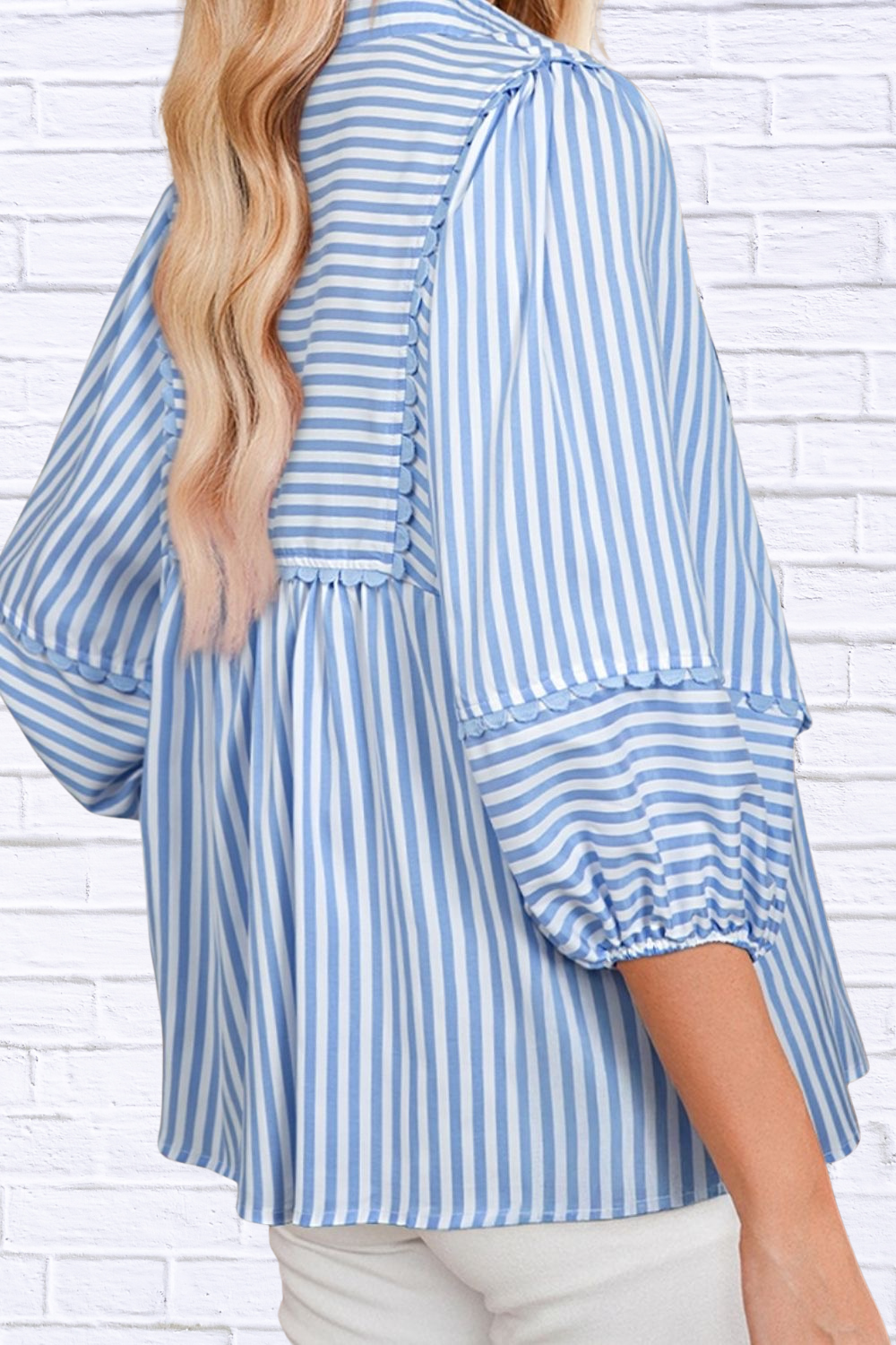 Striped Notched 3/4 Sleeve Blouse
