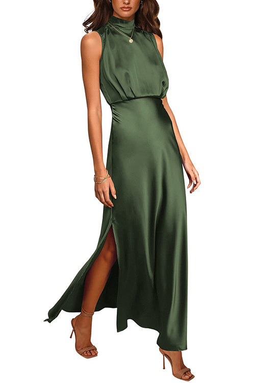 Sleeveless Mockneck Side Split Maxi Satin Dress ArmyGreen