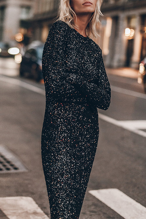 Long Sleeves Back Cut Out Sequin Midi Dress
