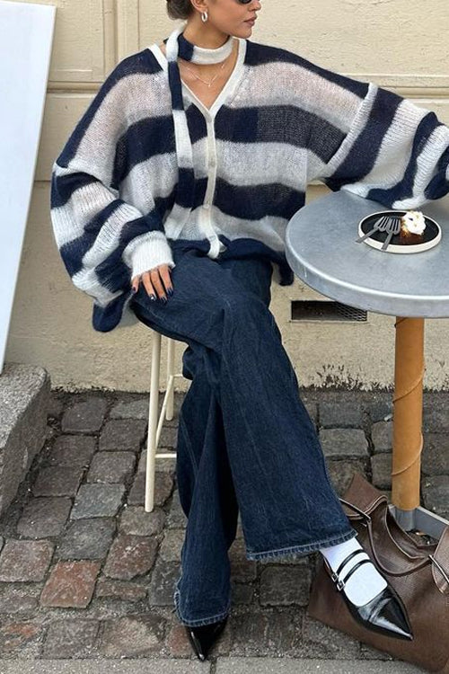 Lantern Sleeves Button Down Color Block Stripes Sweater with Scarf