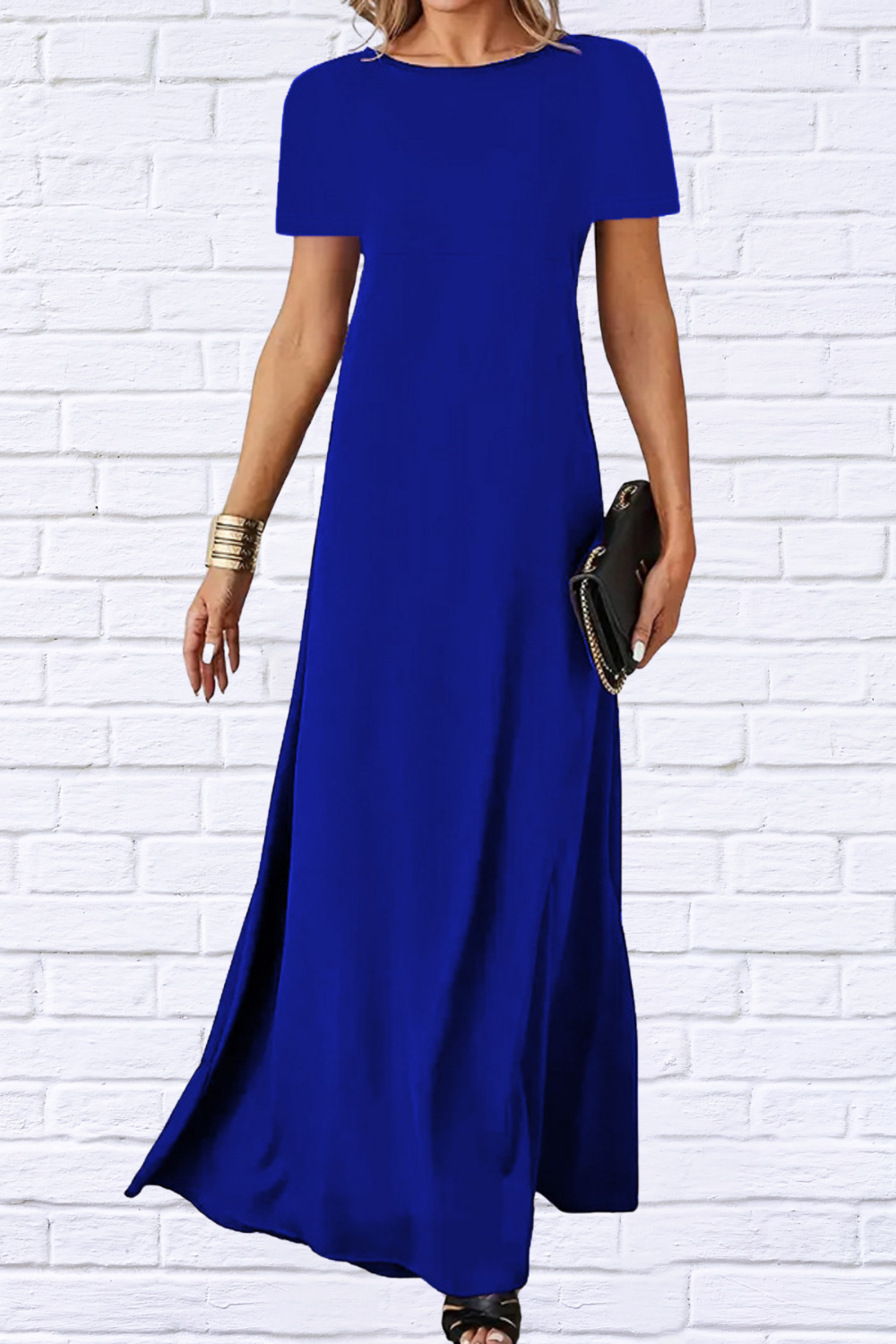 Full Size Round Neck Short Sleeve A-Line Maxi Dress Plus Size