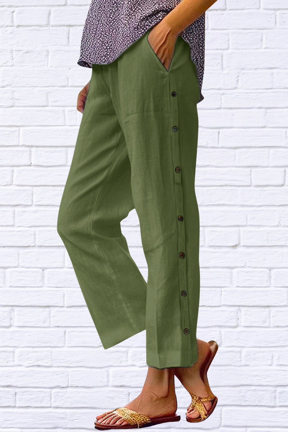 Full Size Side Decor Button Casual Wide Leg Pants Plus Size