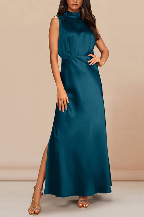 Sleeveless Mockneck Side Split Maxi Satin Dress Lake Blue