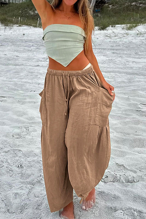 Drawstring Waist Pockets Wide Leg Cotton Linen Pants Khaki