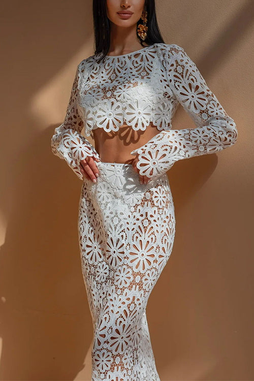 Crochet Lace Cover-up Crop Top and Maxi Skirt Vacation Set