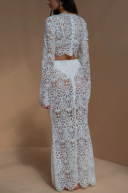 Crochet Lace Cover-up Crop Top and Maxi Skirt Vacation Set