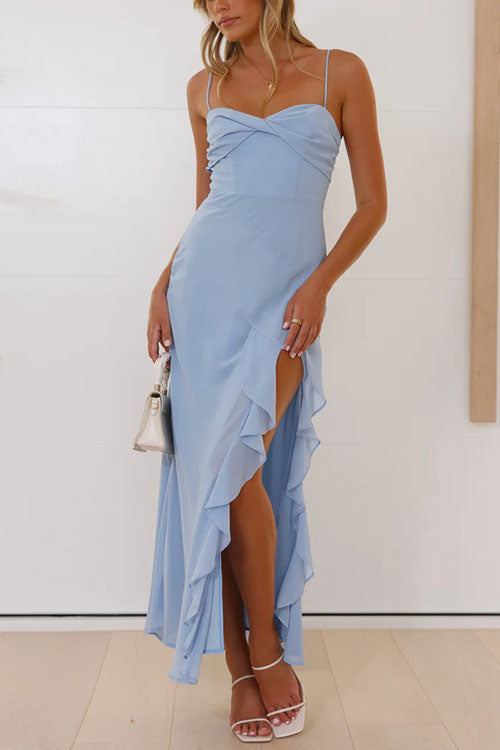 Spaghetti Strap Ruffle Slit Maxi Chiffon Dress