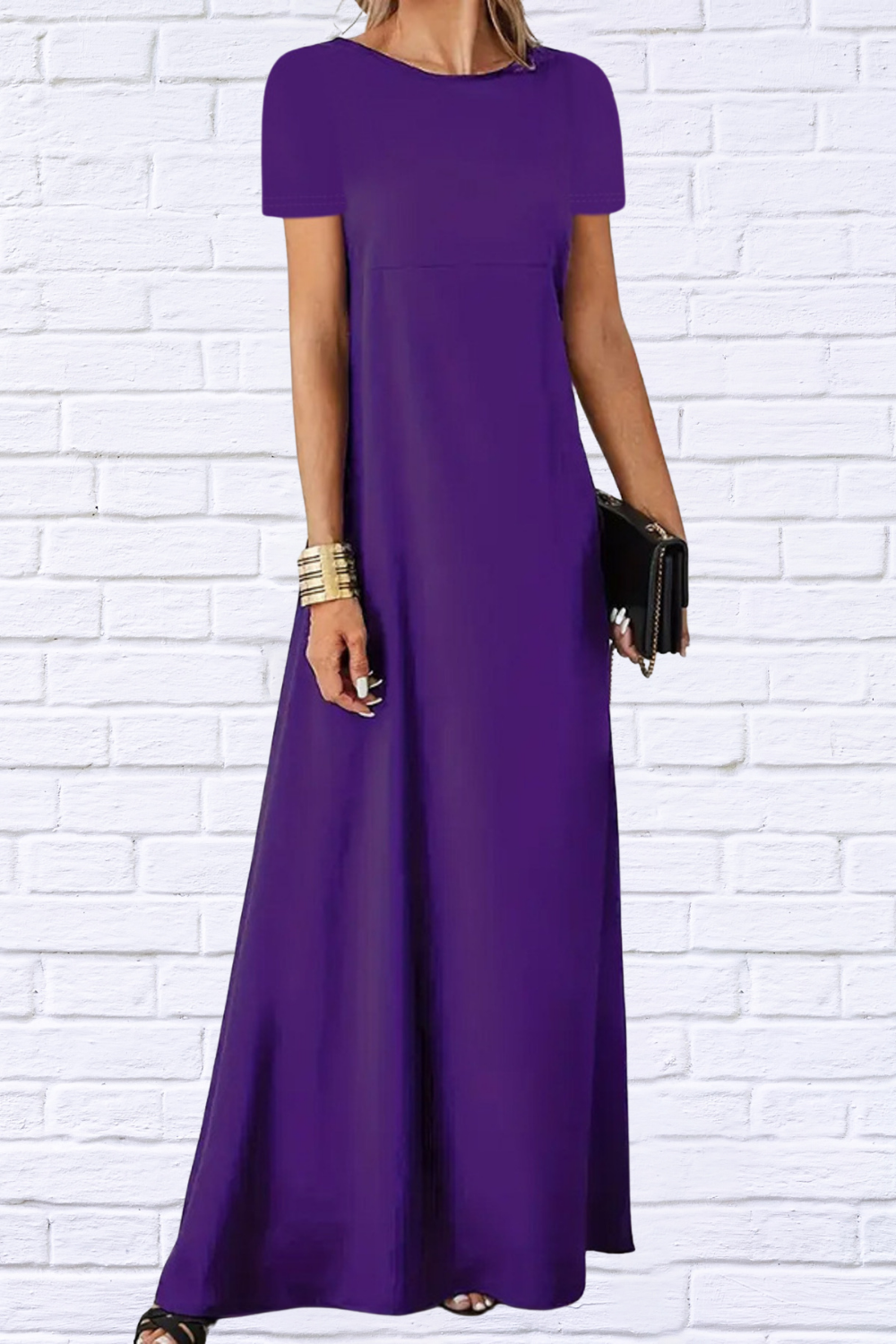 Full Size Round Neck Short Sleeve A-Line Maxi Dress Plus Size