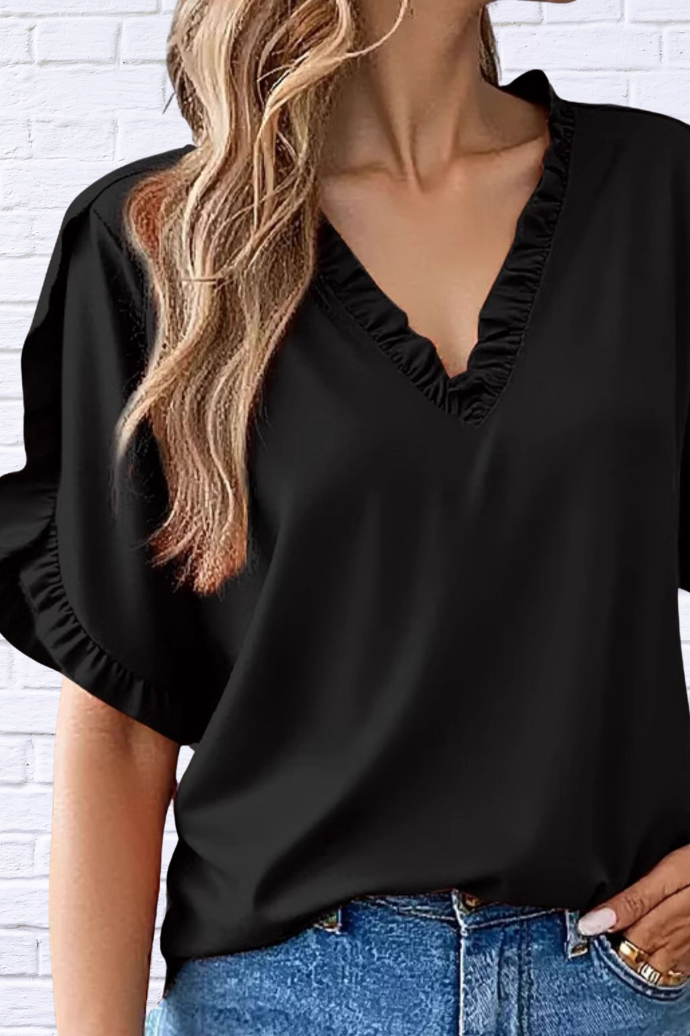 Ruffled V-Neck Short Sleeve Blouse