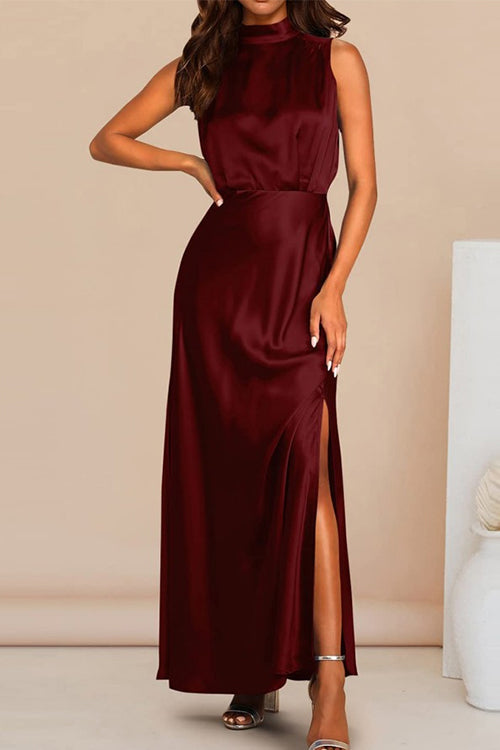 Sleeveless Mockneck Side Split Maxi Satin Dress Burgundy