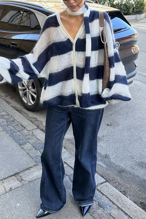 Lantern Sleeves Button Down Color Block Stripes Sweater with Scarf