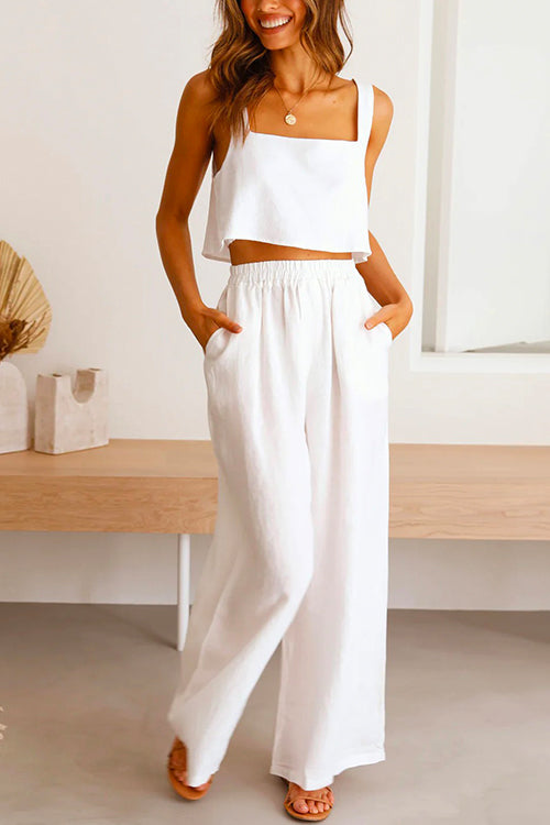 Square Collar Cami Crop Top Wide Leg Pants Cotton Linen Set White
