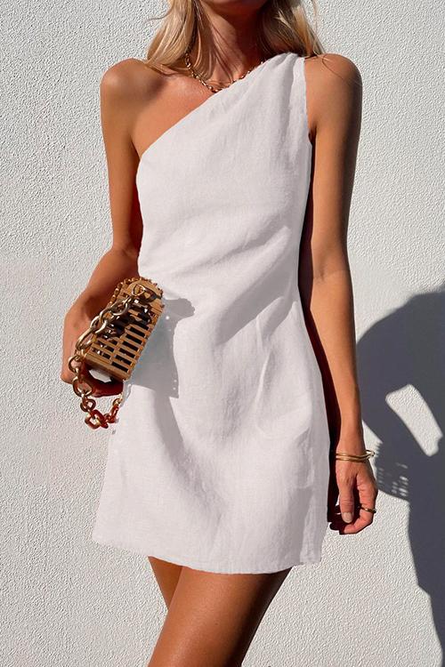 One Shoulder Solid Cotton Linen Mini Dress White