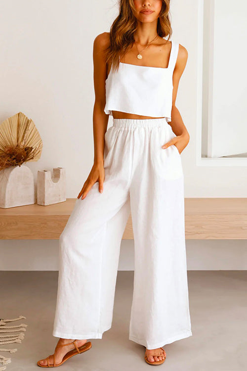 Square Collar Cami Crop Top Wide Leg Pants Cotton Linen Set