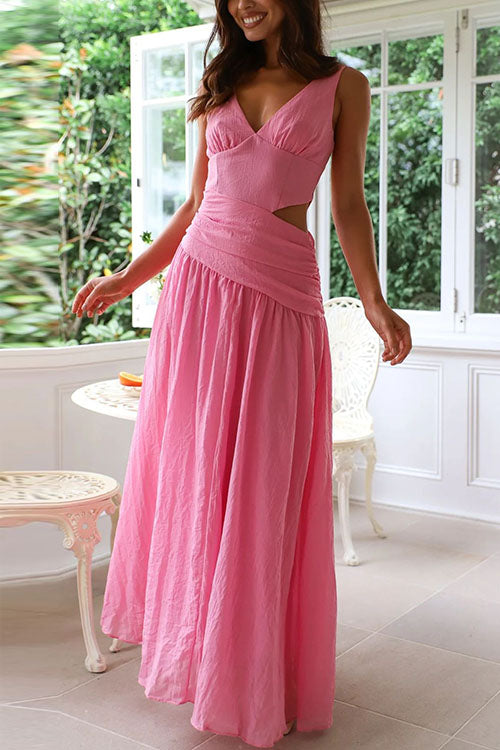 V Neck Sleeveless Cut Out Swing Maxi Dress