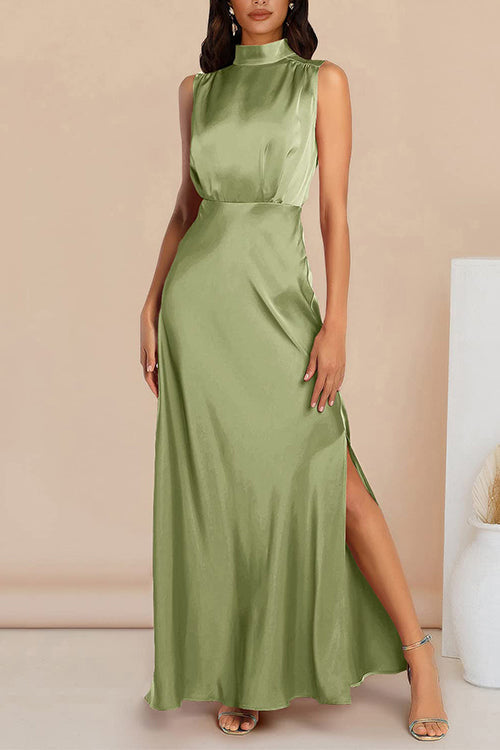Sleeveless Mockneck Side Split Maxi Satin Dress Light Green