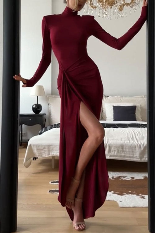 Turtleneck Ruched High Slit Maxi Party Dress