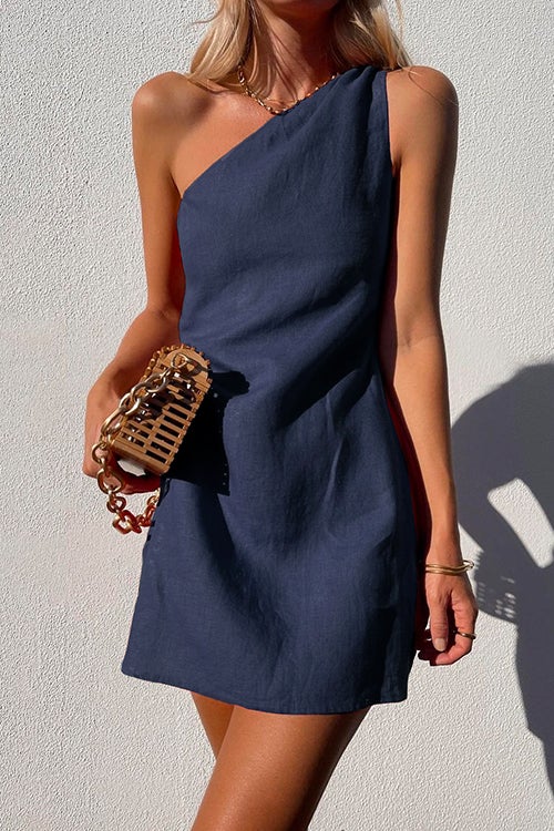 Sue One Shoulder Cotton Linen Mini Dress DarkBlue