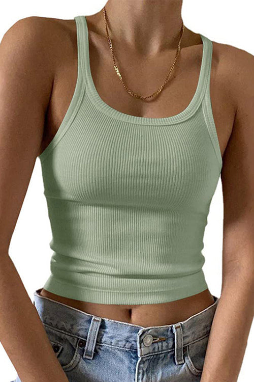 Stretchy Ribbed Knit Crop Cami Top LightGreen