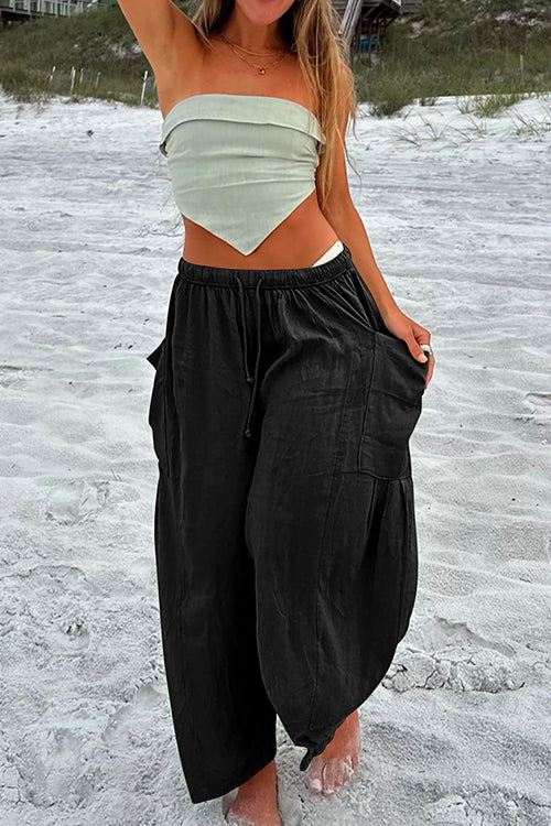 Drawstring Waist Pockets Wide Leg Cotton Linen Pants Black